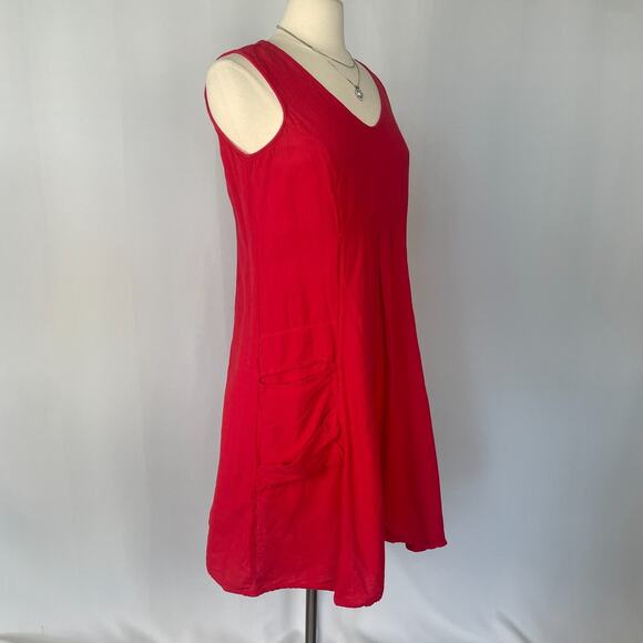 Color Me Cotton Trapeze Dress Size Medium Red Solid Flowy Lagenlook Boho Minimal - Picture 6 of 14